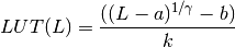 LUT(L) = \frac{((L-a)^{1/\gamma} - b )}{k}
